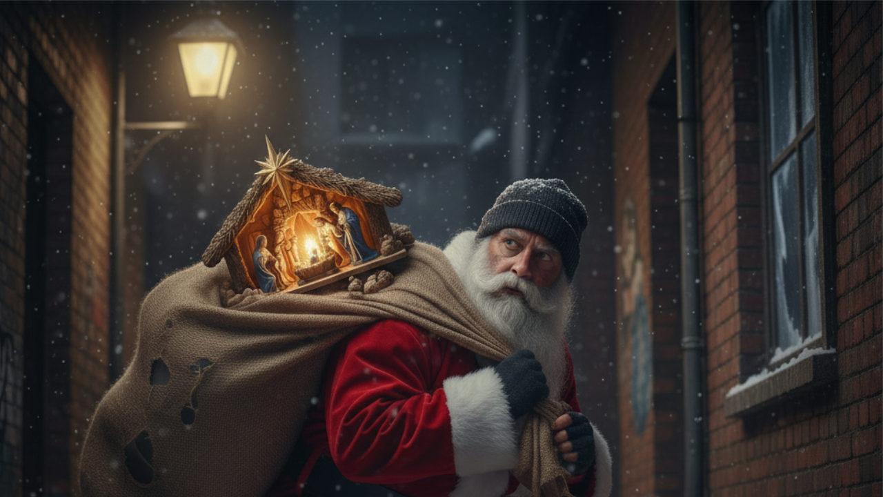 natal sem deus. papai noel roubando o nalta.