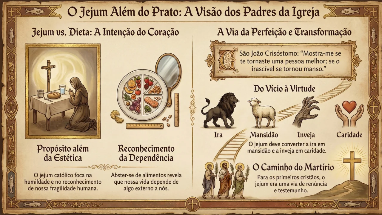 Infográfico sobre a diferença entre jejum e dieta segundo a Patrística